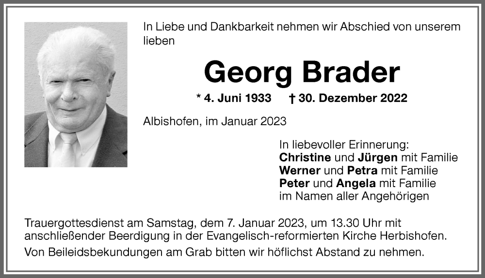 Traueranzeigen Von Georg Brader Augsburger Allgemeine Zeitung