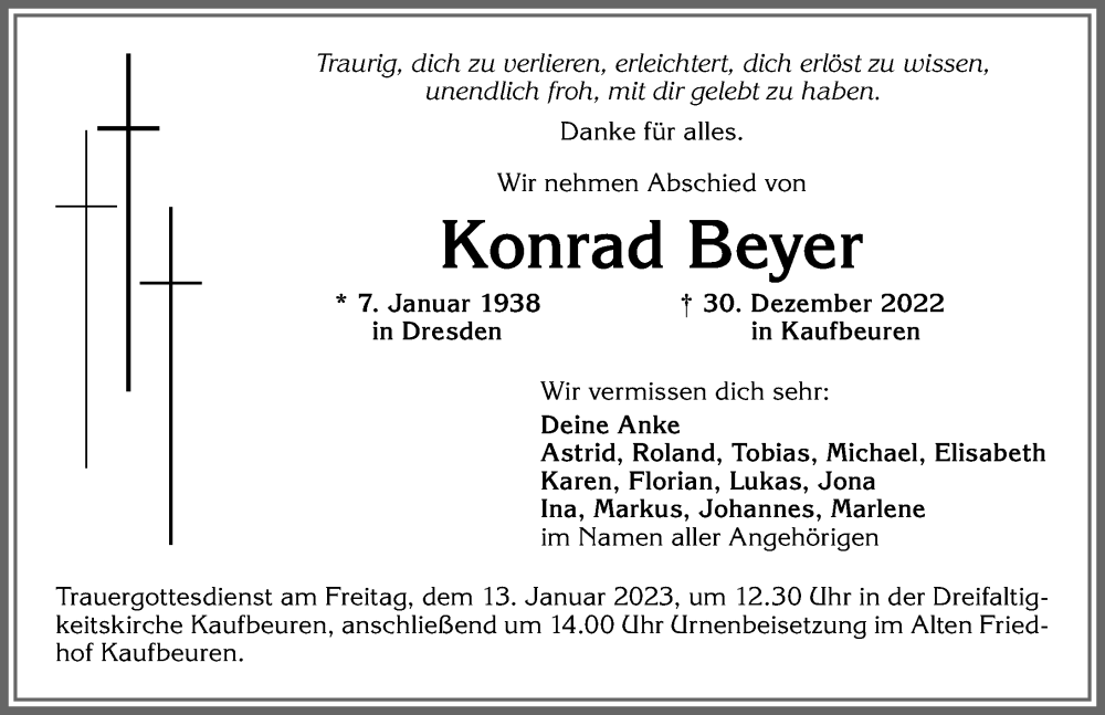 Traueranzeigen Von Konrad Beyer Augsburger Allgemeine Zeitung