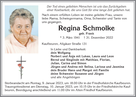 Traueranzeigen Von Regina Schmolke Augsburger Allgemeine Zeitung