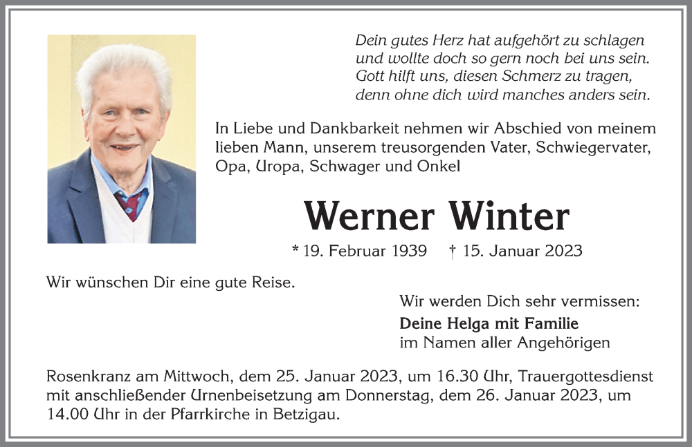 Traueranzeigen Von Werner Winter Augsburger Allgemeine Zeitung