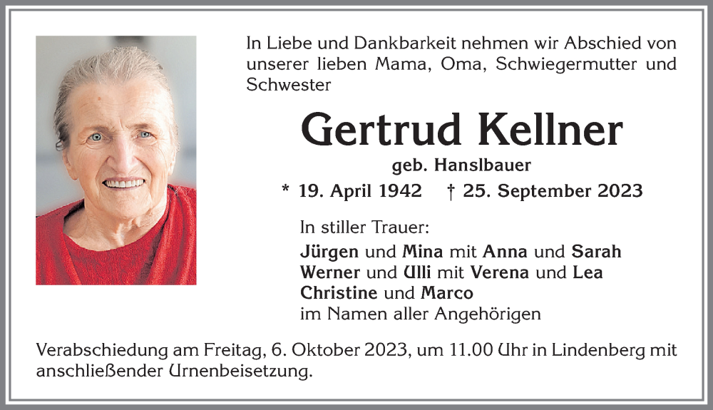 Traueranzeigen Von Gertrud Kellner Augsburger Allgemeine Zeitung