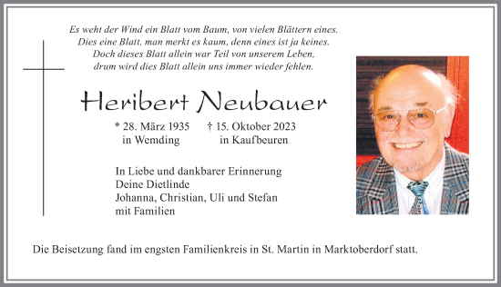 Traueranzeigen Von Heribert Neubauer Augsburger Allgemeine Zeitung