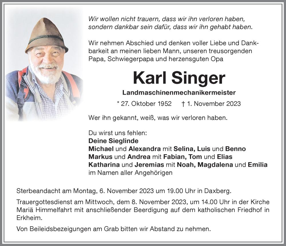 Traueranzeigen Von Karl Singer Augsburger Allgemeine Zeitung