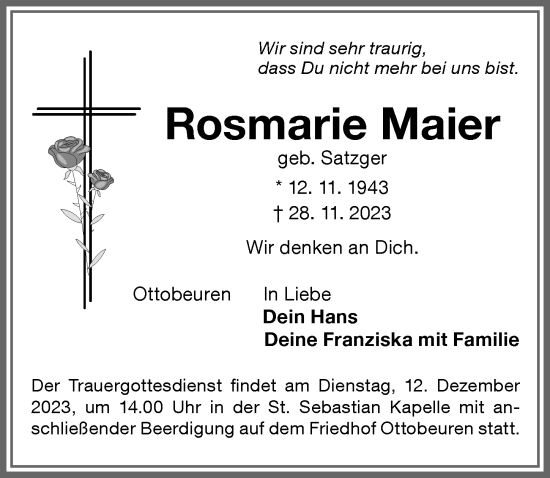 Traueranzeigen Von Rosmarie Maier Augsburger Allgemeine Zeitung