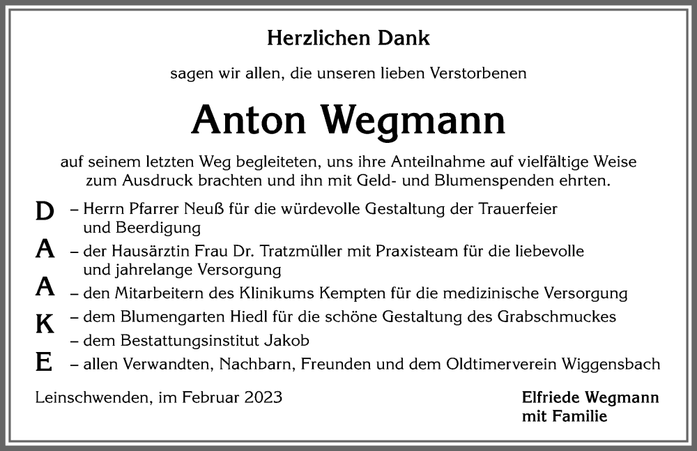 Traueranzeigen Von Anton Wegmann Augsburger Allgemeine Zeitung