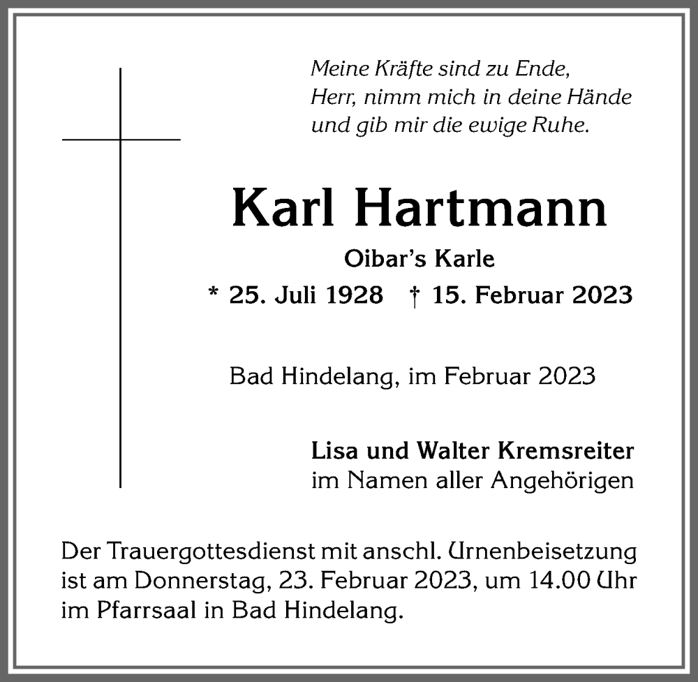 Traueranzeigen Von Karl Hartmann Augsburger Allgemeine Zeitung