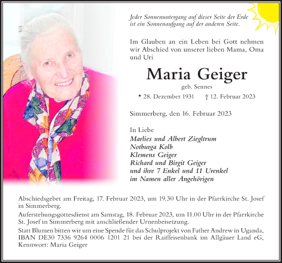 Traueranzeigen Von Maria Geiger Augsburger Allgemeine Zeitung