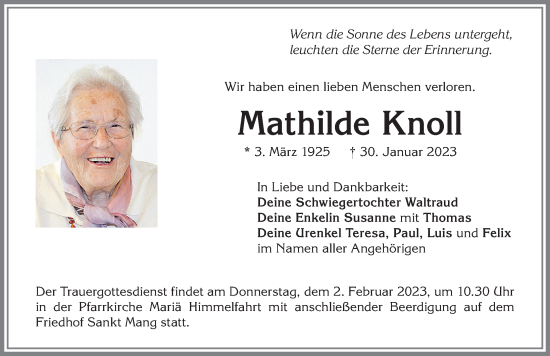 Traueranzeigen Von Mathilde Knoll Augsburger Allgemeine Zeitung