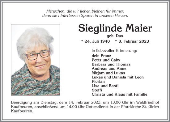 Traueranzeigen Von Sieglinde Maier Augsburger Allgemeine Zeitung