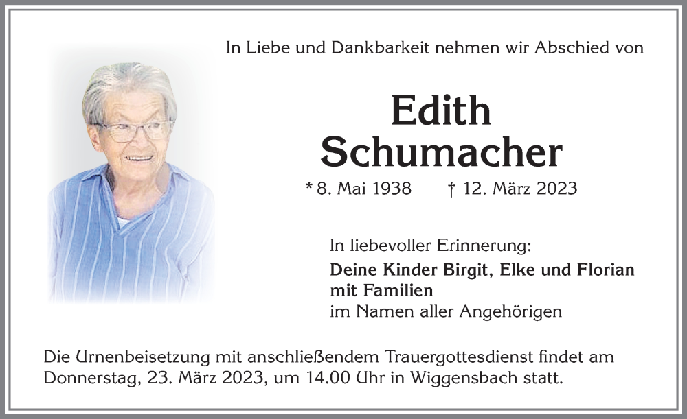 Traueranzeigen Von Edith Schumacher Augsburger Allgemeine Zeitung