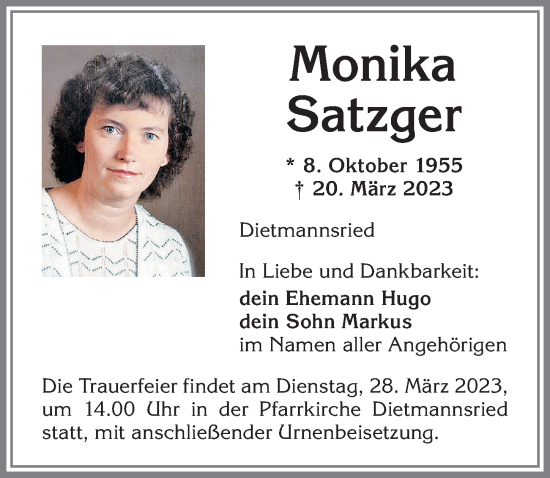 Traueranzeigen Von Monika Satzger Augsburger Allgemeine Zeitung