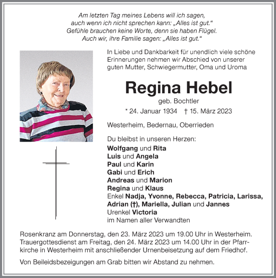 Traueranzeigen Von Regina Hebel Augsburger Allgemeine Zeitung