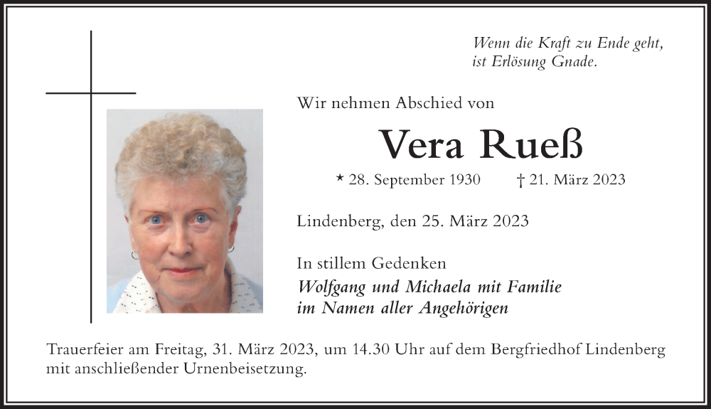 Traueranzeigen Von Vera Rue Augsburger Allgemeine Zeitung