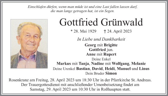 Traueranzeigen Von Gottfried Gr Nwald Augsburger Allgemeine Zeitung