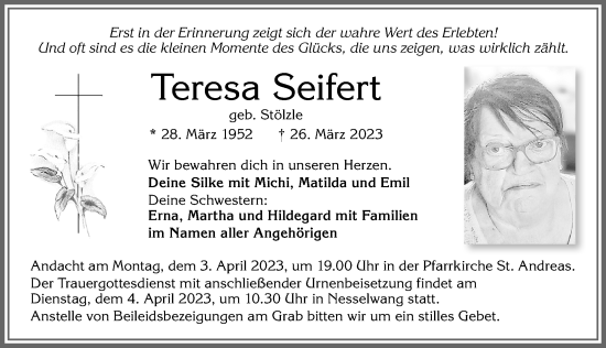 Traueranzeigen Von Teresa Seifert Augsburger Allgemeine Zeitung