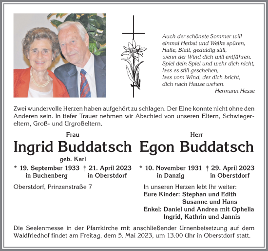 Traueranzeigen Von Egon Buddatsch Augsburger Allgemeine Zeitung