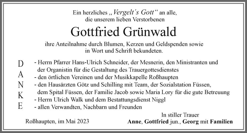 Traueranzeigen Von Gottfried Gr Nwald Augsburger Allgemeine Zeitung