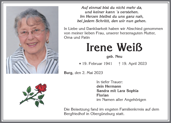 Traueranzeigen Von Irene Wei Augsburger Allgemeine Zeitung