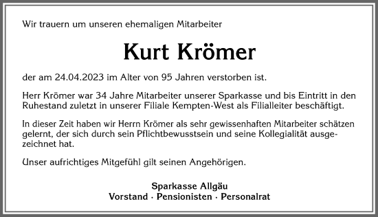 Traueranzeigen Von Kurt Kr Mer Augsburger Allgemeine Zeitung