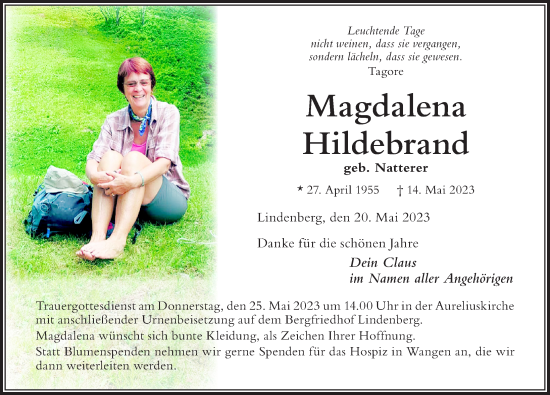 Traueranzeigen Von Magdalena Hildebrand Augsburger Allgemeine Zeitung