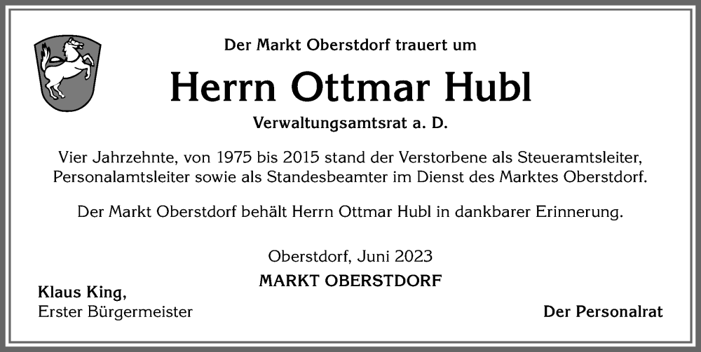 Traueranzeigen Von Ottmar Hubl Augsburger Allgemeine Zeitung