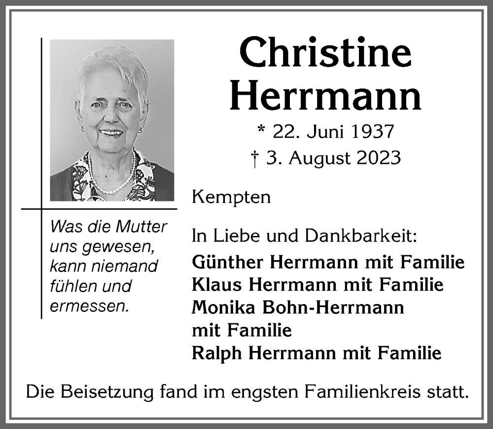 Traueranzeigen Von Christine Herrmann Augsburger Allgemeine Zeitung