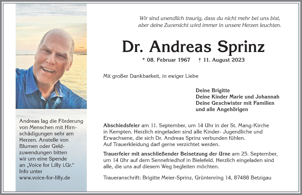 Traueranzeigen Von Andreas Sprinz Augsburger Allgemeine Zeitung