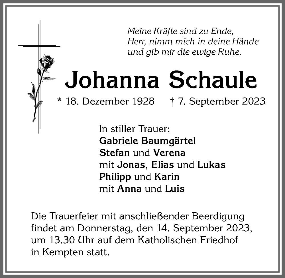 Traueranzeigen Von Johanna Schaule Augsburger Allgemeine Zeitung