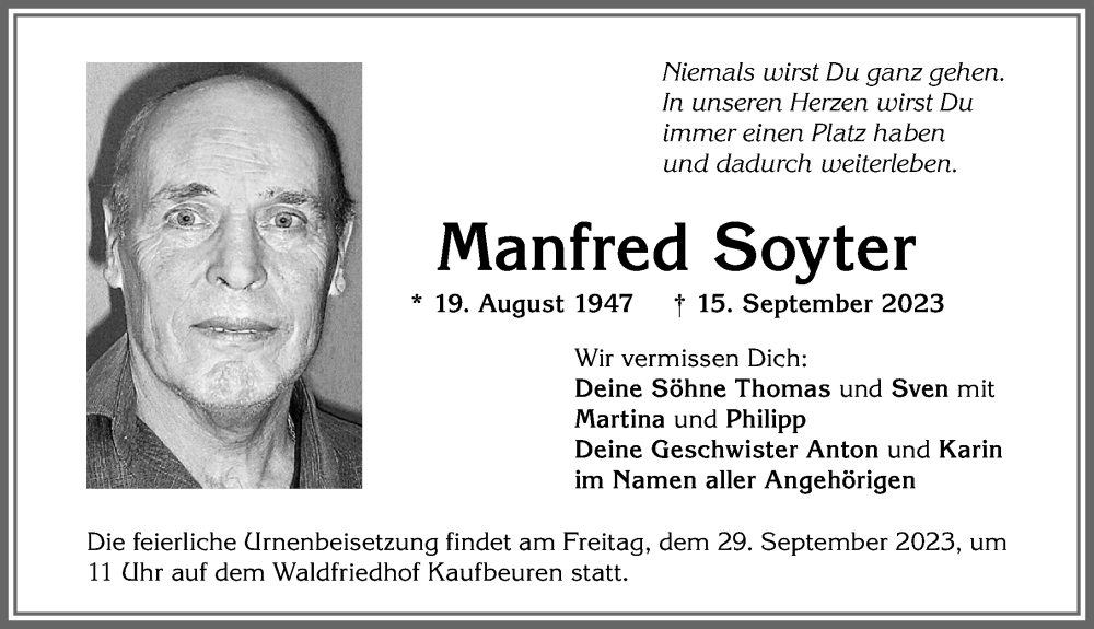 Traueranzeigen Von Manfred Soyter Augsburger Allgemeine Zeitung