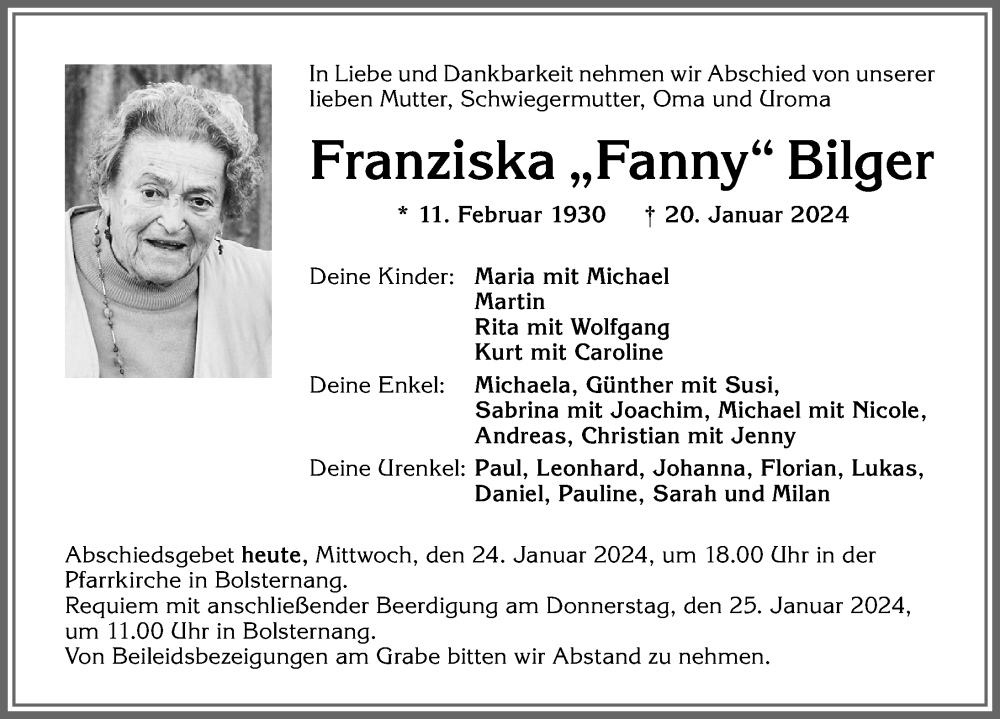 Traueranzeigen Von Franziska Bilger Augsburger Allgemeine Zeitung