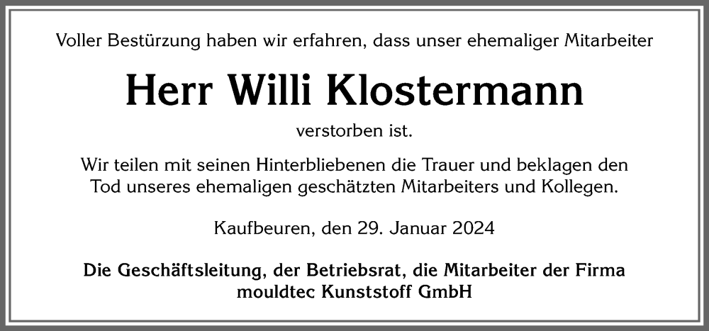 Traueranzeigen Von Willi Klostermann Augsburger Allgemeine Zeitung