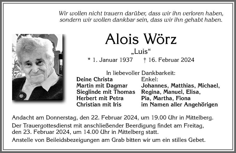 Traueranzeigen Von Alois W Rz Augsburger Allgemeine Zeitung