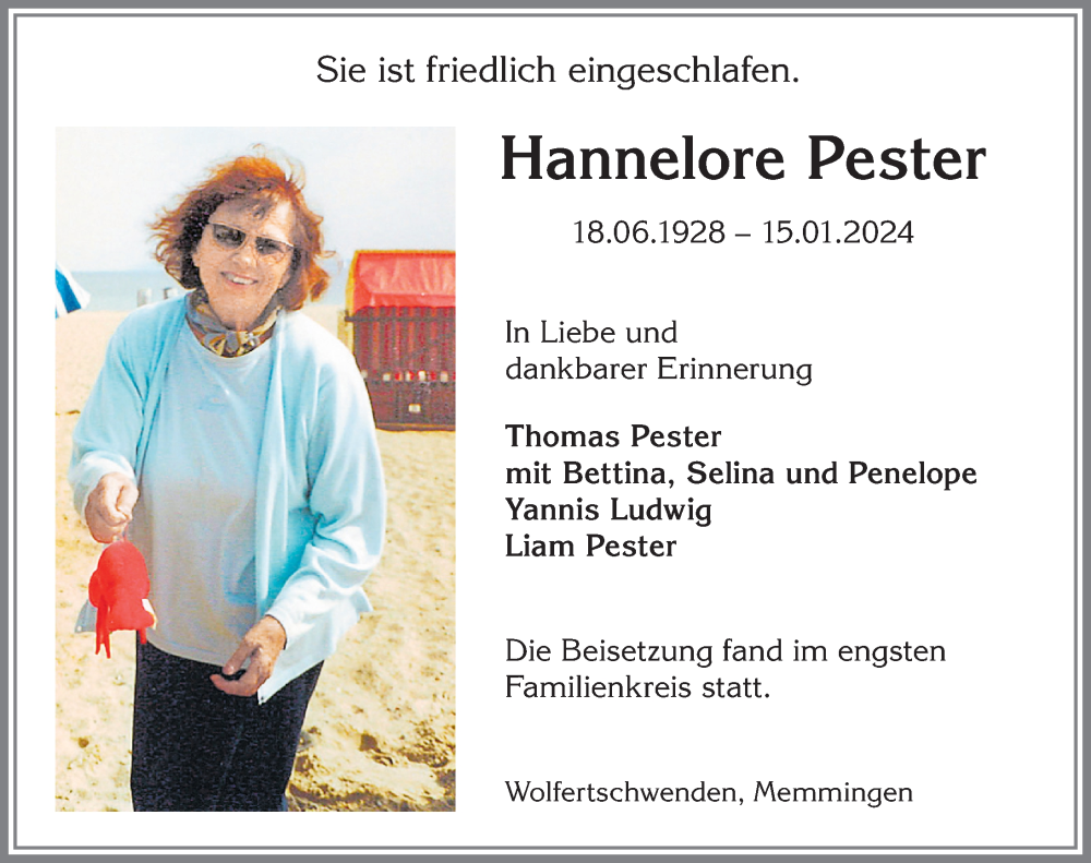 Traueranzeigen Von Hannelore Pester Augsburger Allgemeine Zeitung