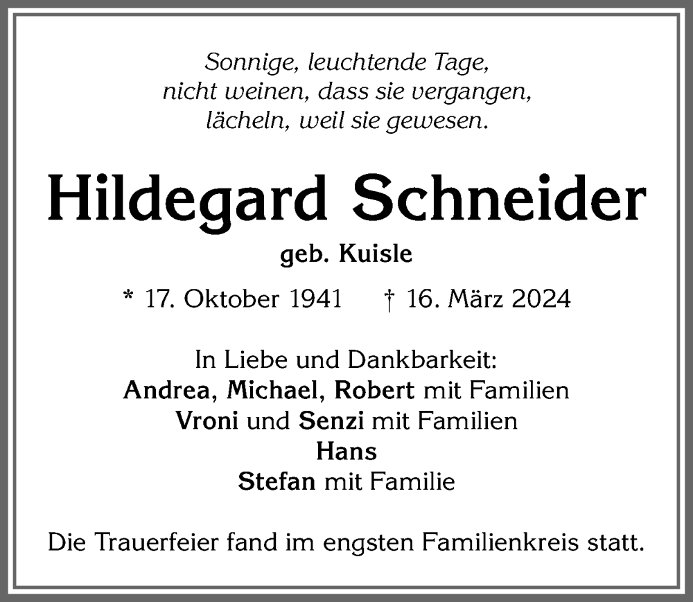 Traueranzeigen Von Hildegard Schneider Augsburger Allgemeine Zeitung