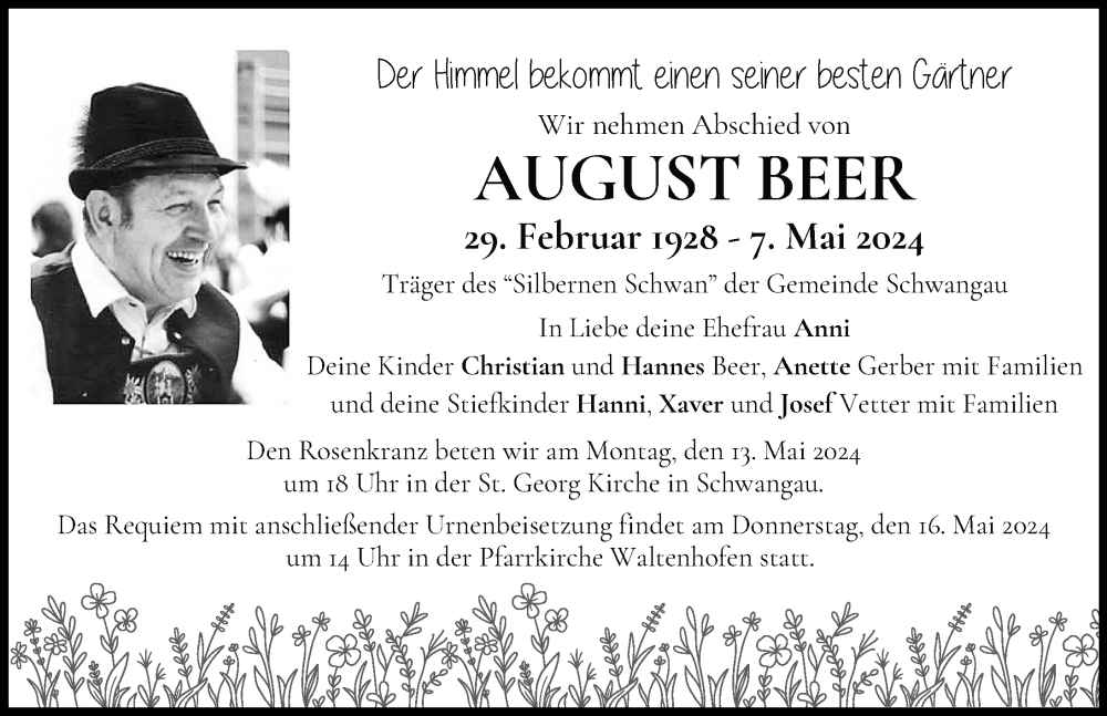 Traueranzeige von August Beer von Allgäuer Zeitung, Füssen