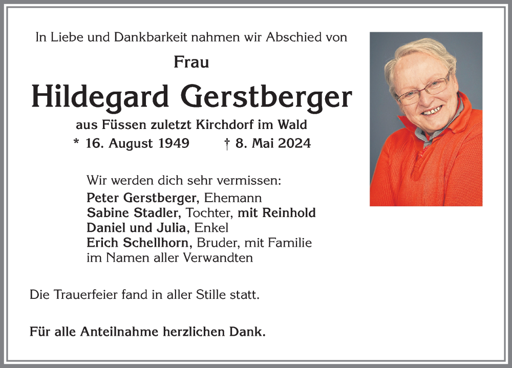 Traueranzeigen Von Hildegard Gerstberger Augsburger Allgemeine Zeitung