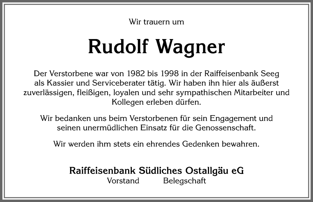Traueranzeige von Rudolf Wagner von Allgäuer Zeitung, Füssen