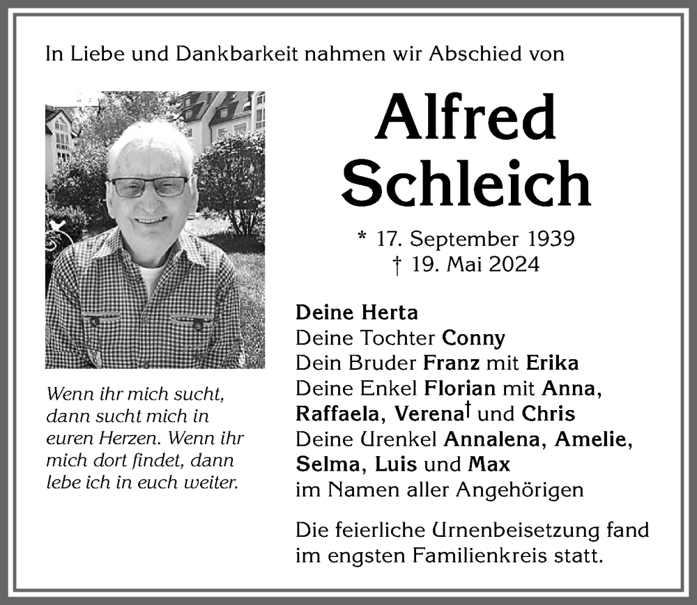 Traueranzeigen Von Alfred Schleich Augsburger Allgemeine Zeitung