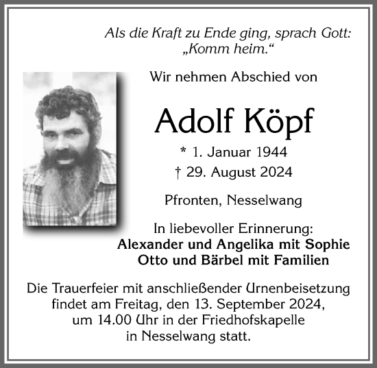 Traueranzeigen von Adolf Köpf Augsburger Allgemeine Zeitung