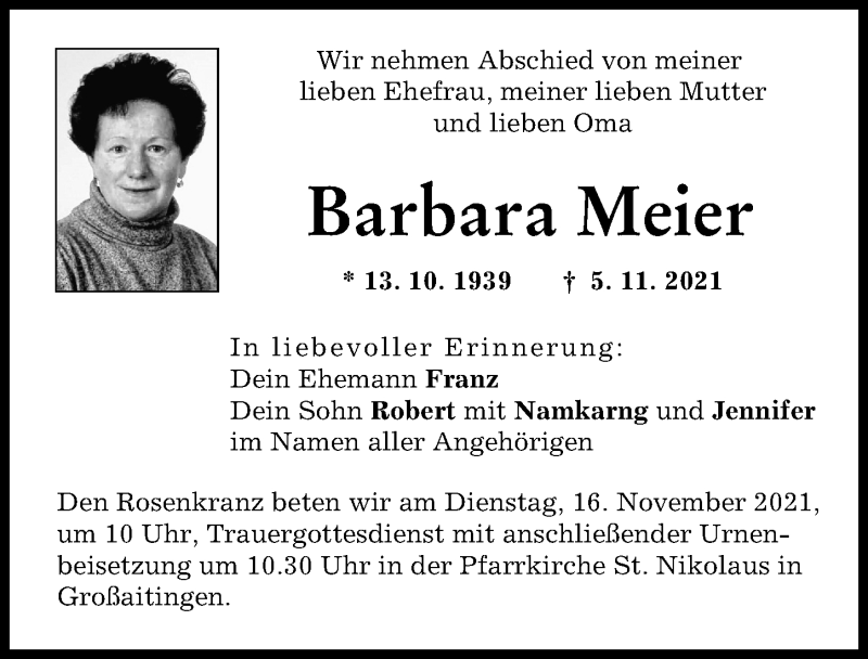 Traueranzeigen Von Barbara Meier Augsburger Allgemeine Zeitung