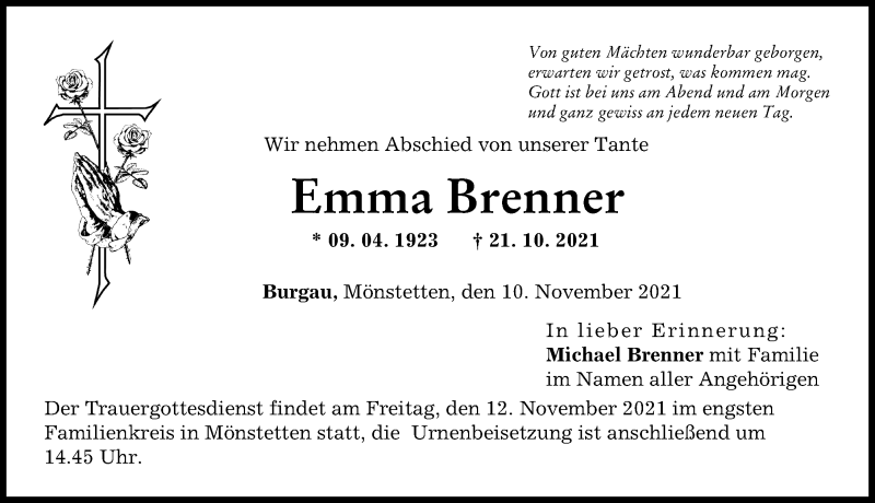 Traueranzeigen Von Emma Brenner Augsburger Allgemeine Zeitung