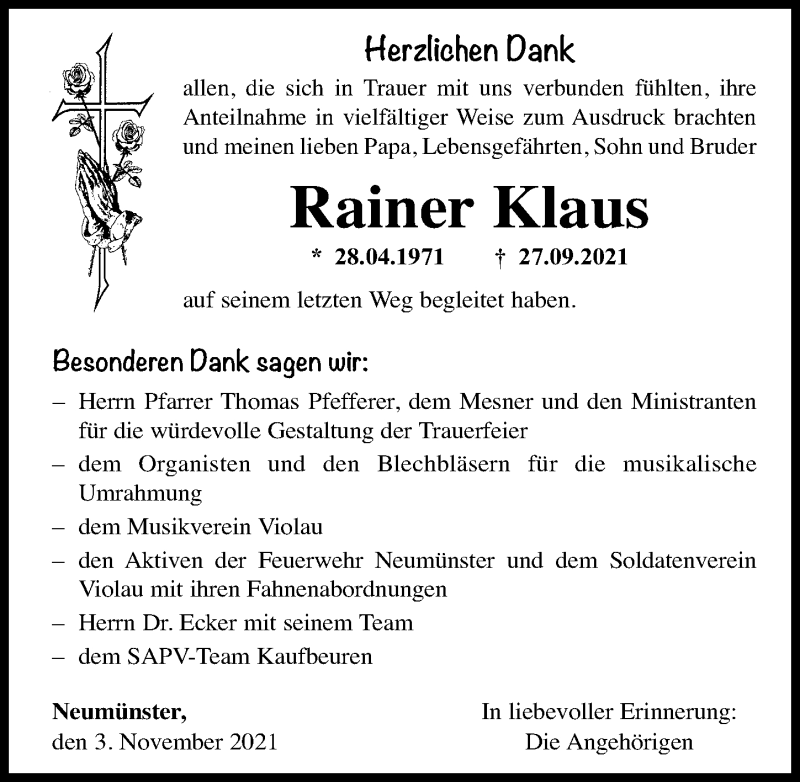 Traueranzeigen Von Rainer Klaus Augsburger Allgemeine Zeitung