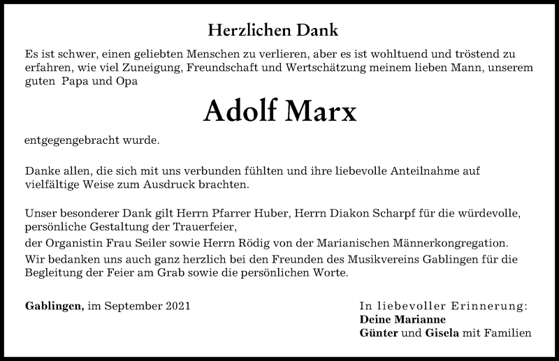 Traueranzeigen Von Adolf Marx Augsburger Allgemeine Zeitung