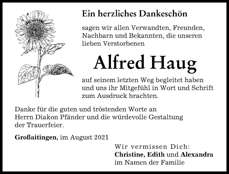 Traueranzeigen Von Alfred Haug Augsburger Allgemeine Zeitung