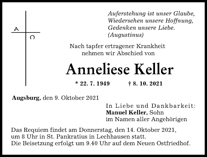 Traueranzeigen Von Anneliese Keller Augsburger Allgemeine Zeitung