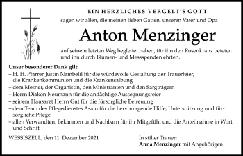 Traueranzeigen Von Anton Menzinger Augsburger Allgemeine Zeitung