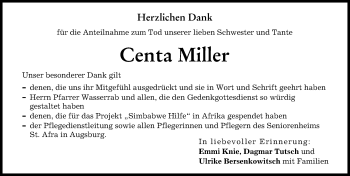 Traueranzeigen Von Centa Miller Augsburger Allgemeine Zeitung