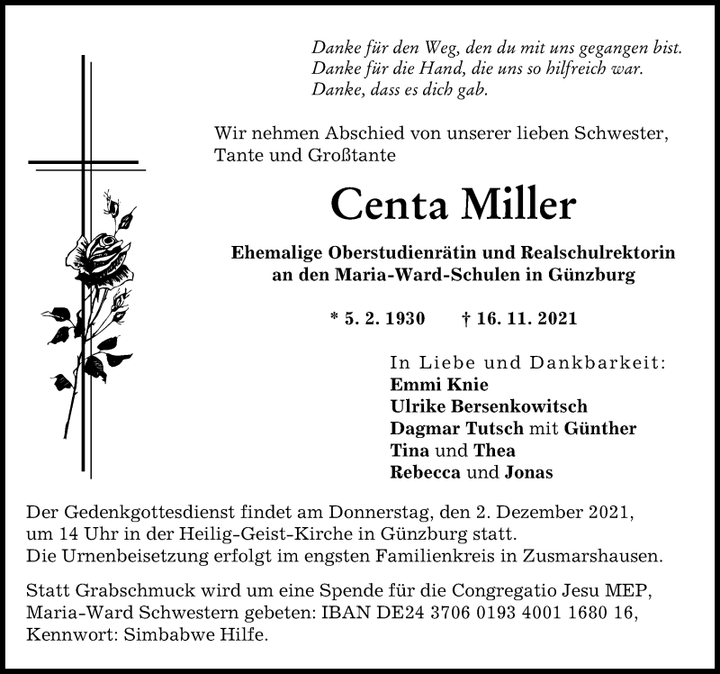 Traueranzeigen Von Centa Miller Augsburger Allgemeine Zeitung