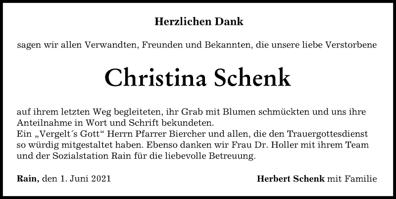 Traueranzeige von Christina Schenk von Donauwörther Zeitung