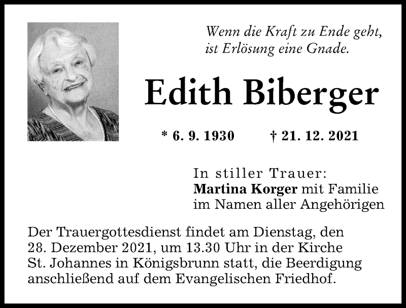 Traueranzeigen Von Edith Biberger Augsburger Allgemeine Zeitung